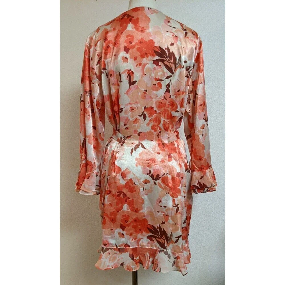 Women's Oscar de la Renta Pink Label Floral Print Ruffle Trim Robe LG